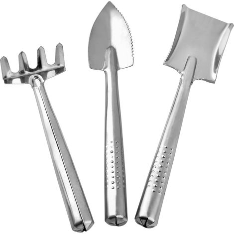 Mini-kit d'outils de jardinage 3 pièces : Truelle, râteau et pelle en acier inoxydable — Ensemble d'outils à main légers (1/5)