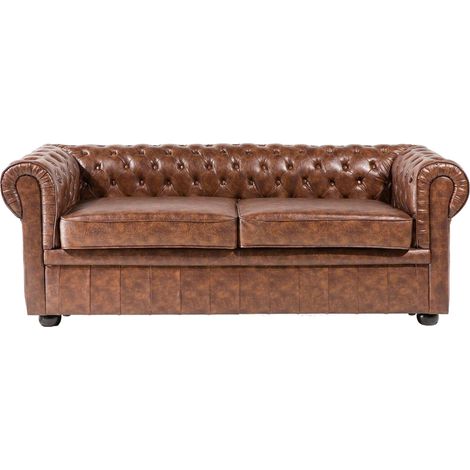 Canapé 3 Places en Cuir PU Marron Doré Assise Rembourrée Large Dossier Chesterfield