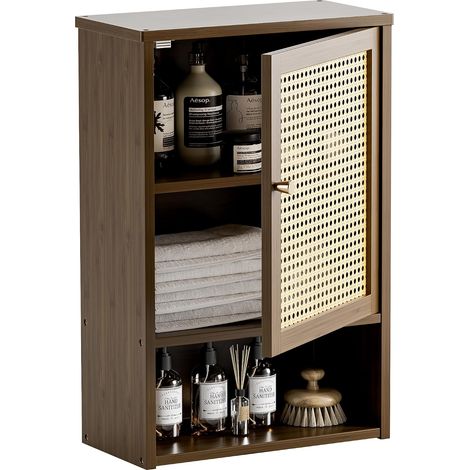 Armoire Mural Salle de Bain Rotin, Petit Meuble Rangement Toilette Suspendu, Armoire à Pharmacie Bambou avec Compartiment Ouvert et Étagère Réglable, Noyer (1/5)