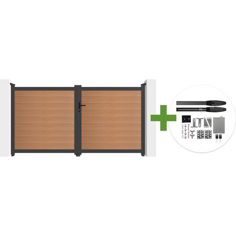 Puerta batiente ATHOS de 3 m de altura (160 cm) de madera compuesta de teca con marco de aluminio + motor HIKER B200