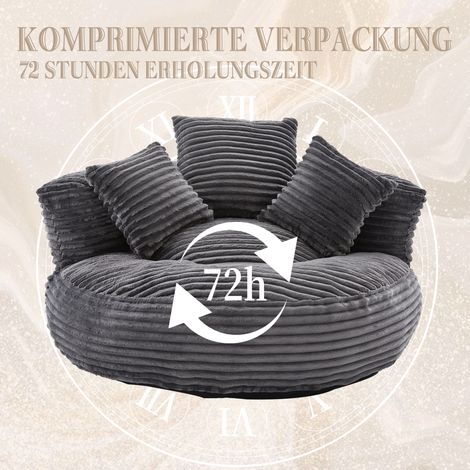 Pouf en velours côtelé gris anthracite – fauteuil moelleux et robuste. Siège à dossier élevé, doté de trois coussins, adapté aux adultes et enfants. (1/5)