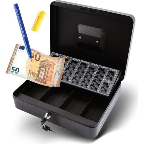 Caisse à Monnaie avec Détecteur de Faux Billets en Acier Revêtu par Pulvérisation, Poignée Escamotable, Serrure à Cylindre de Sécurité, 30 x 24 x 9 cm, Noir (1/5)
