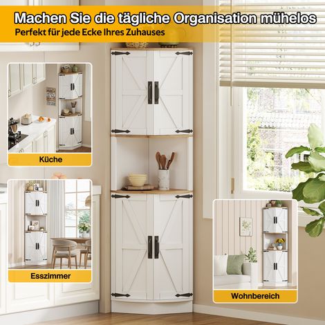 Meuble d'angle vintage 39,5x39,5x180 cm, 5 étagères, finition bois blanc rustique, compact, rangement malin pour séjour, cuisine ou salle à manger, avec fixation murale anti-chute. (1/5)