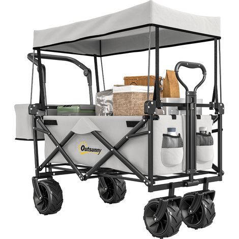 Folding Trolley Cart with Canopy - 4 Wheel Storage Wagon for Beach, Camping & Outdoor Activities, Grey Color (1/5)