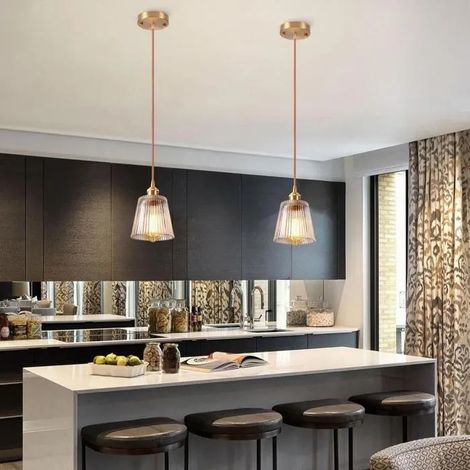 2x Lustre Moderne en Verre,Lampe Suspension Industriel Abat-jour Design Rayé E27 Finition en Laiton Plafonnier pour Salon (1/5)