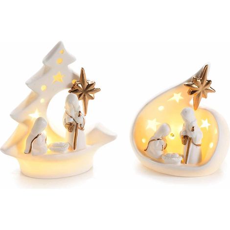 Crèche Sainte Famille en céramique blanche à détails dorés et LED, lot de 6, 11 x 5,5 x H. 13 cm