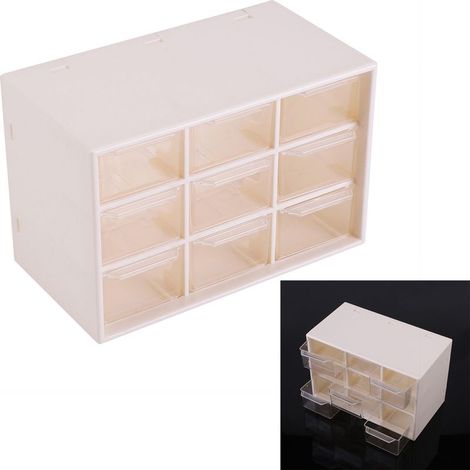 Boîte de rangement blanche portable pour bijoux et cosmétiques - 9 tiroirs en plastique (1/5)