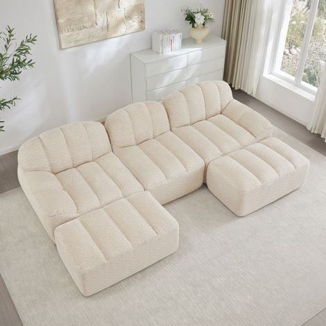Sofá modular en U de 3 plazas con 2 otomanas, espuma 32D, blanco beige DESVIAE (1/5)