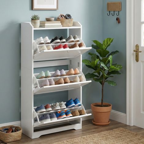 Meuble à Chaussure avec Cloison Ajustable, Meuble de Rangement 3 Abattants pour Entrée, Plateau Supérieur, Blanc (1/5)