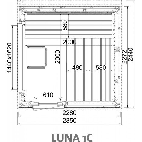 Infraworld Luna 1 Außensauna mit Lärche-Fassadenprofile versch. Fenstergrößen und Inneneinrichtung Luna 1C - Panorama-Fenster (BxH): 1440 x 1620 mm, Türe versetzt, 3 Liegen (1/5)