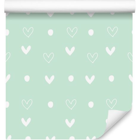 Carta da parati con cuori bianchi e verde menta 50x1000 cm (1/5)
