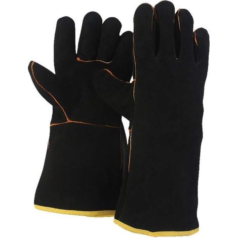 Heat Resistant Fire Proof Guant, Welding High Temperature Gloves, Stove Long Leather Welders Thermal Gauntlets For BBQ, Mig,Log Burner Woodburning, Fireplace(Black)