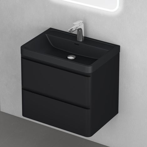 doporro Mobile Bagno Sospeso con Lavabo in Resina Minerale Set di Mobili da Bagno 60x42x50cm Nero opaco Mobiletto con Lavandino Bagno e 2 Cassetti Spaziosi Seria Lucca (1/5)