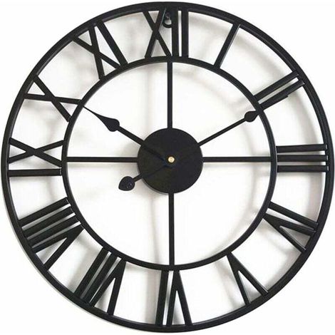 Horloge Grande horloge murale rétro en fer - Ronde - Silencieuse - Fonctionne avec piles - Chiffres romains - Style vintage - Pour décoration de salon - Noir (40 Cm) (1/5)