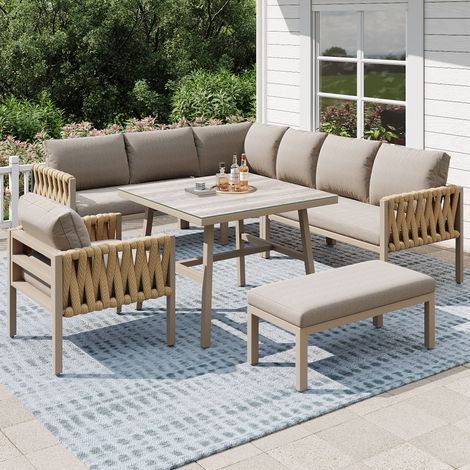 Ensemble de salon de jardin pour 7-8 personnes,avec cordes,canapé d'angle+plateau en verre trempé,pieds réglables,structure en fer galvanisé(Beige)