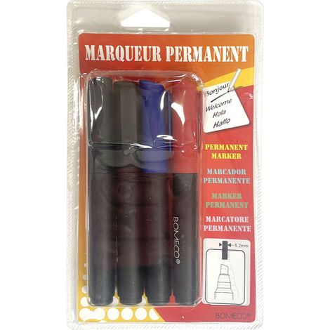 Marqueurs permanents assortis pointe biseautée 5,2 mm. Blister de 4 : 1 rouge, 1 bleu et 2 noirs (1/2)