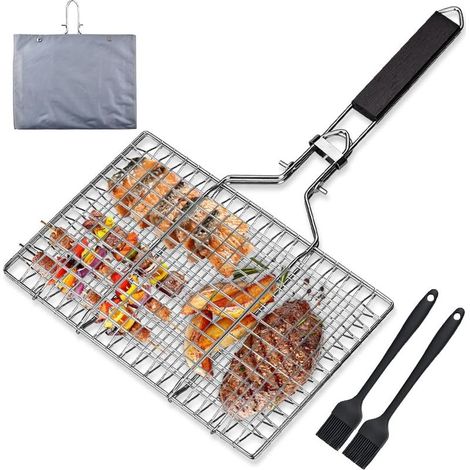Panier Grille pour Barbecue, Panier de Barbecue en Acier Inoxydable avec 1 Sac de Rangement et 2 Brosses en Silicone panier de barbecue pliable avec poignée pour poisson, légumes, crevettes (1/5)