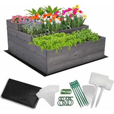 MODO24 Carré potager surélevé en bois, 3 niveaux en cascade, 45x90x93 cm, jardin/terrasse, kit jardinier inclus, gris imprégné