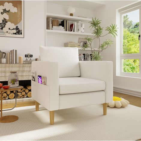 Fauteuil 71x68x82 cm beige en chenille avec poche latérale et coussin moelleux (1/5)