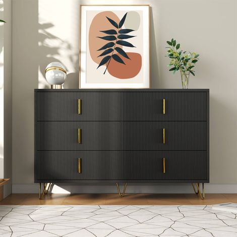 Commode 6 tiroirs, 120 x 40 x 77 cm, façades ondulées et pieds épingle dorés, en panneaux de particules, Noir (1/5)