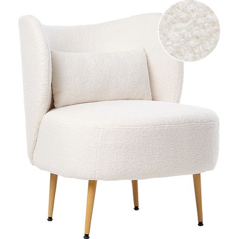 Sillón salón respaldo curvo diseño glamuroso tapicería bouclé patas de metal madera clara blanco crema Otsby II