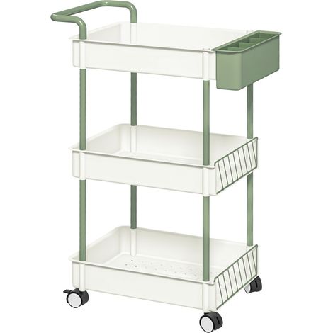 Desserte de cuisine roulante - 3 étagères + panier suspendu - Acier blanc - Chariot pratique avec poignée (1/5)