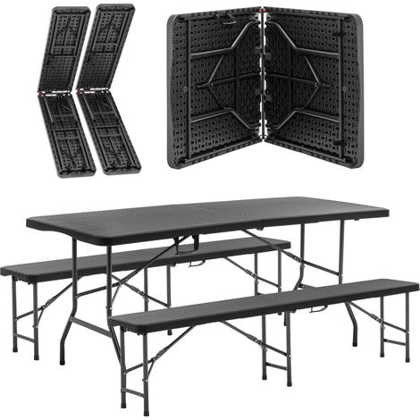 Set de pique-nique pliant 3 pièces 180 cm avec 2 bancs, plateau en HDPE motif bois, verrouillage sécurité, noir (1/5)
