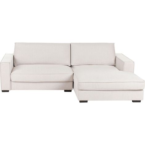 Divano 2 posti ad angolo con schienale in tessuto imbottito e cuscini beige chiaro lato sinistro Render