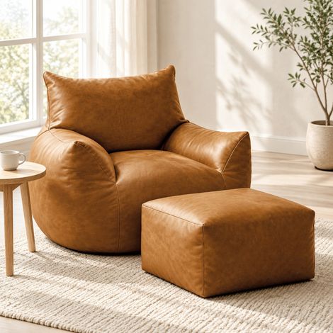 Sillón puf con otomana, marrón, en polipiel y tela, 103 x 90 x 70 cm DESVIAE (1/5)