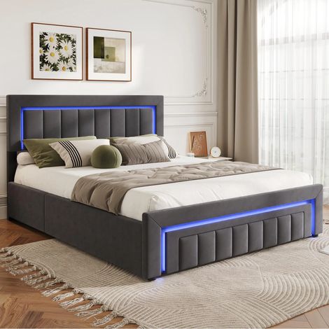 Letto contenitore imbottito 140x190 cm, letto per bambini con illuminazione a LED, letto singolo con cassetti e rotelle, struttura letto con ampio spazio contenitore, grigio