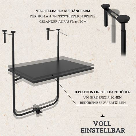 Table de balcon réglable et pliable pour rambardes de 6 à 15 cm d'épaisseur, en métal antirouille noir, dimensions 62 x 60 x 85,5 cm (1/4)
