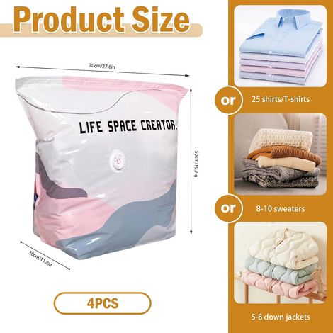 Lot de 4 sacs sous vide avec pompe - Sacs de rangement sous vide pour vêtements de voyage - Pour valises et couettes - Sacs de compression hermétiques réutilisables - M (1/5)