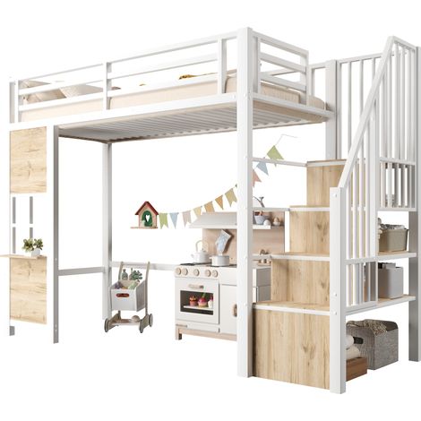 Lit mezzanine 90 x 200 cm avec échelle de rangement, espace de jeu ouvert dessous, garde-corps de sécurité, structure métal et MDF, blanc – CHICFURN (1/5)