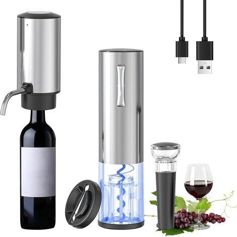 Apribottiglie ricaricabile 5 in 1 con erogatore elettrico per vino, decanter, taglia-schiuma e pompa a vuoto. Ideale per la casa, i bar e come regalo.
