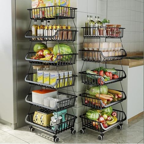 Paniers de Rangement de Cuisine en Fil de Fer Noir avec roulettes et Pieds, paniers de Rangement empilables pour légumes (1/5)