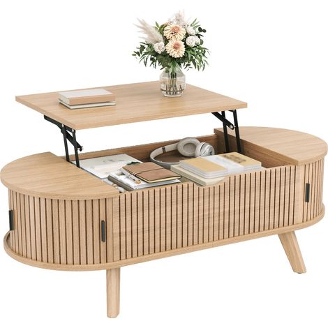 Mesa de centro elevable ovalada (110x50x53.5 cm), con almacenamiento oculto y puertas correderas, MDF, natural (1/5)