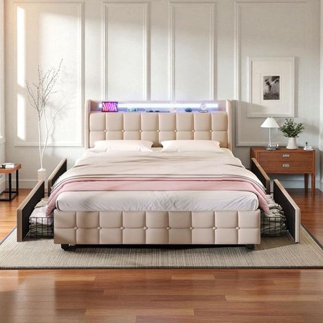 Cama 160x200 cm - NEXU - Beige - LED - Cajones integrados