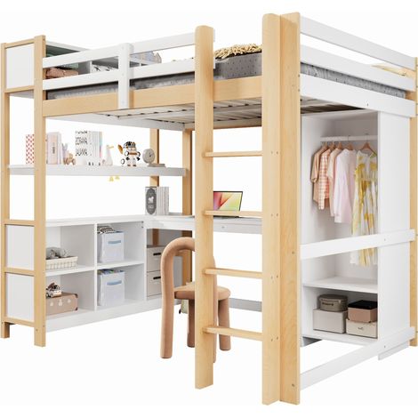 Lit Mezzanine Naturel 140x200cm avec Rangement, Bureau et Étagères, Sécurité Renforcée, Pratique - Bois massif - pour Enfant Ado (1/5)