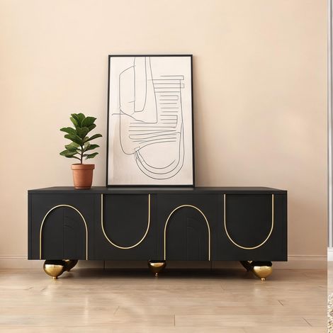 Meuble TV en panneaux de particules noir avec décorations dorées (1/5)