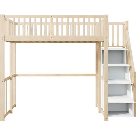 Lit mezzanine 140 x 200 cm en bois de pin avec escalier de rangement et garde-corps HOMVRA (1/5)
