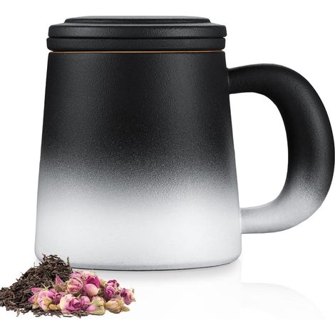 420 ml Keramik-Teebecher mit Edelstahl-Teesieb und Deckel (schwarz/weiß)