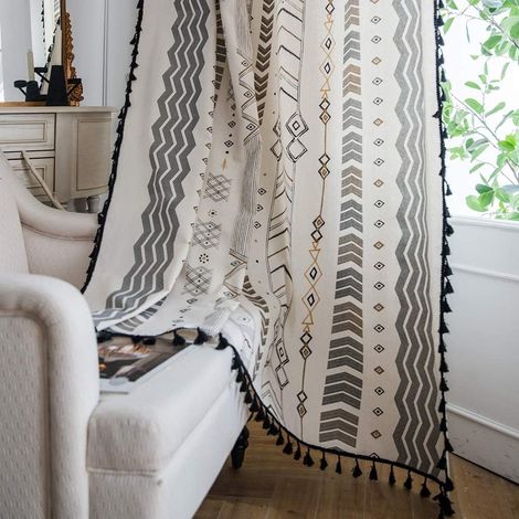 Tende Boho, 2 pannelli 150220 cm, tenda geometrica semi-oscurante filtrante, decorazione per finestre, cotone e lino con asta per nappe nere (1/5)