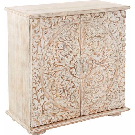 Buffet en bois de manguier brun – 2 portes – Design sculpté – Rangement élégant pour objets – Style contemporain (1/3)
