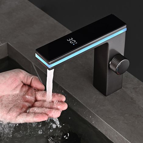 Robinet intelligent salle de bain – Affichage digital LED, laiton, installation sur meuble, eau chaude/froide – Gris gun métallisé