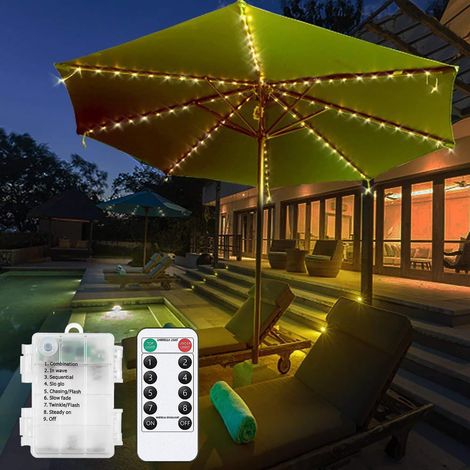 Guirlande lumineuse pour parasol, 104 LED, étanche, à piles, avec télécommande, 8 modes, pour terrasse, jardin et tentes de camping (Blanc chaud) (1/5)