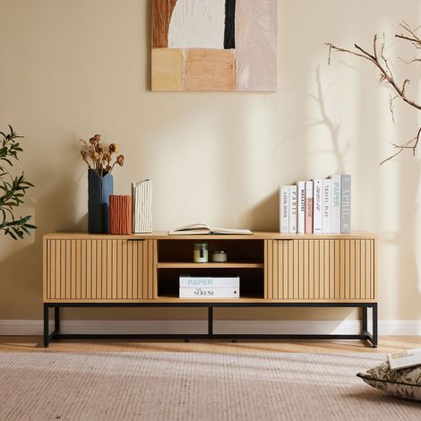 Meuble TV 2 niches 2 portes 150x40x60 cm naturel effet cannelé - RIMA (1/5)