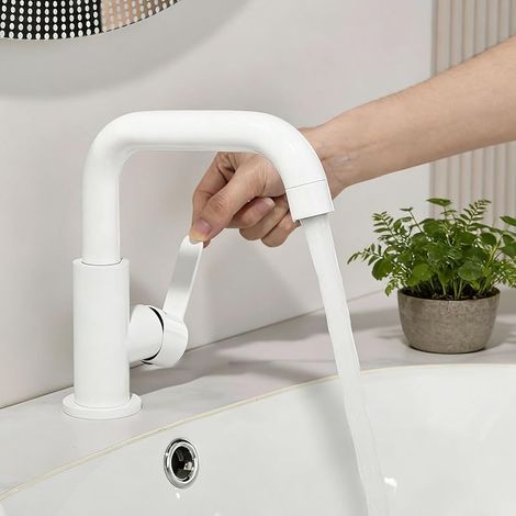 Robinet Lavabo Blanc pour Salle de Bains, Mitigeur de Lavabo Rotatif à 360°, Robinet de Lavabo en Acier Inoxydable Résistant à l'usure, Mousseur Remplaçable, Robinettrie Eau Chaude et Froide (1/5)