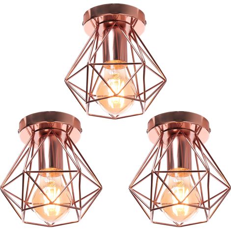 3 Pezzi Plafoniera da Soffitto, Ø16cm Mini Diamante Gabbia, Industriale Stile, E27 Attacco per Soggiorno Sala da Pranzo Oro Rosa