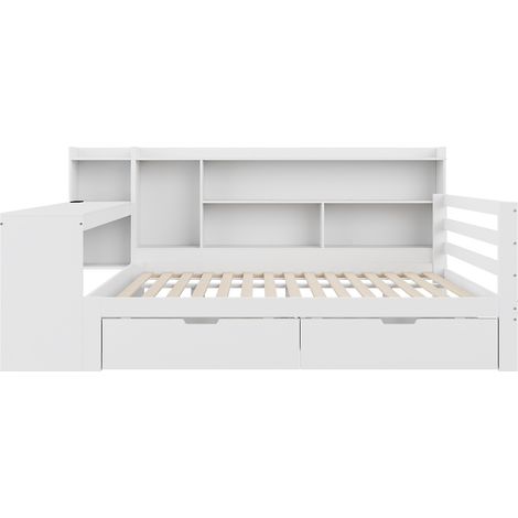 Lit double multifonctionnel 140 x 200 cm en bois blanc avec bureau, étagères et 2 tiroirs (1/5)