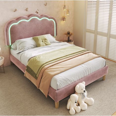 MEUBLIV lit simple 90x190 cm rose – tête de lit LED réglable, sans matelas (1/5)